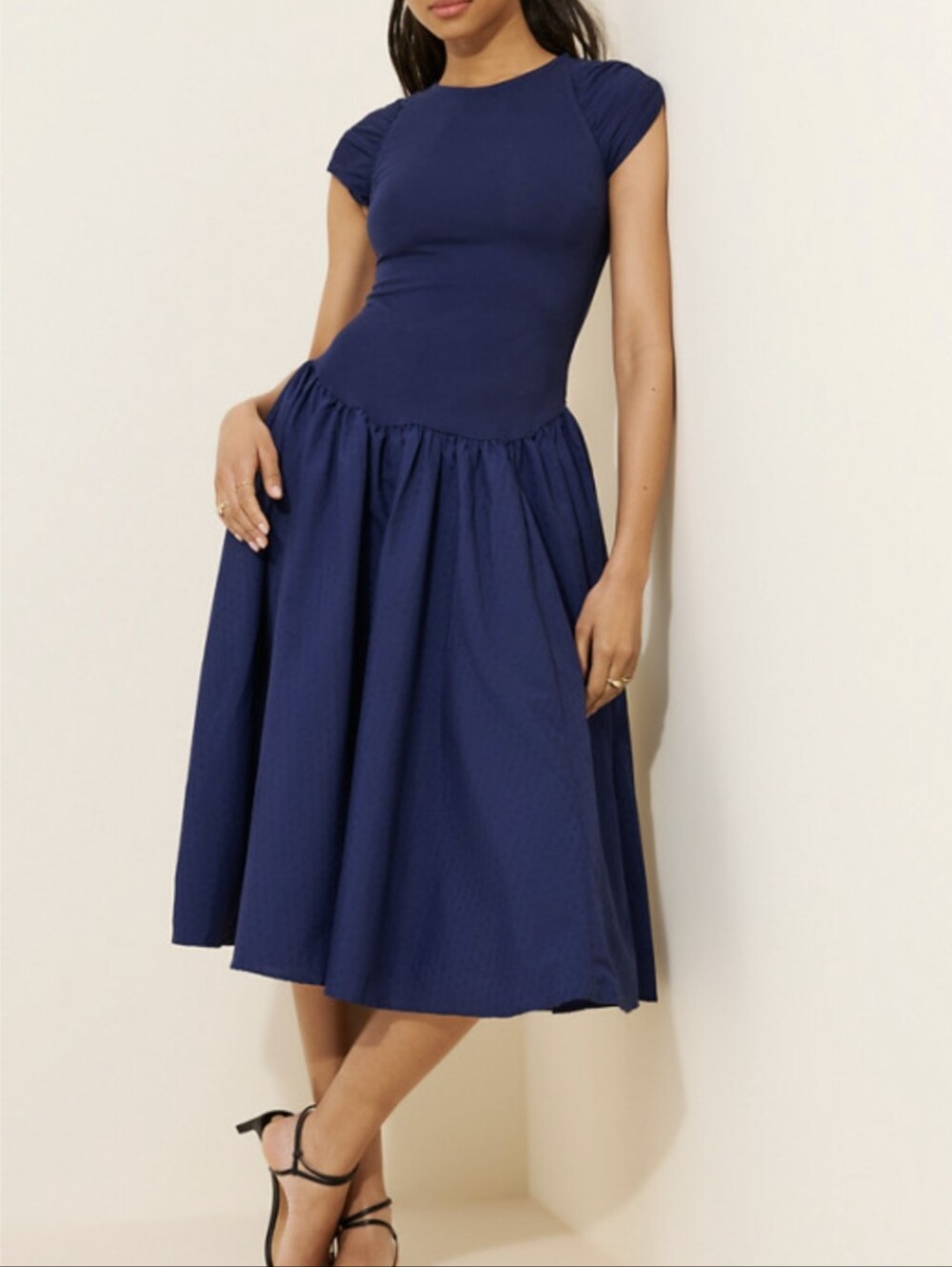 Free People Afternoon Elegance Midi Dress with Cap Sleeves Navy Large